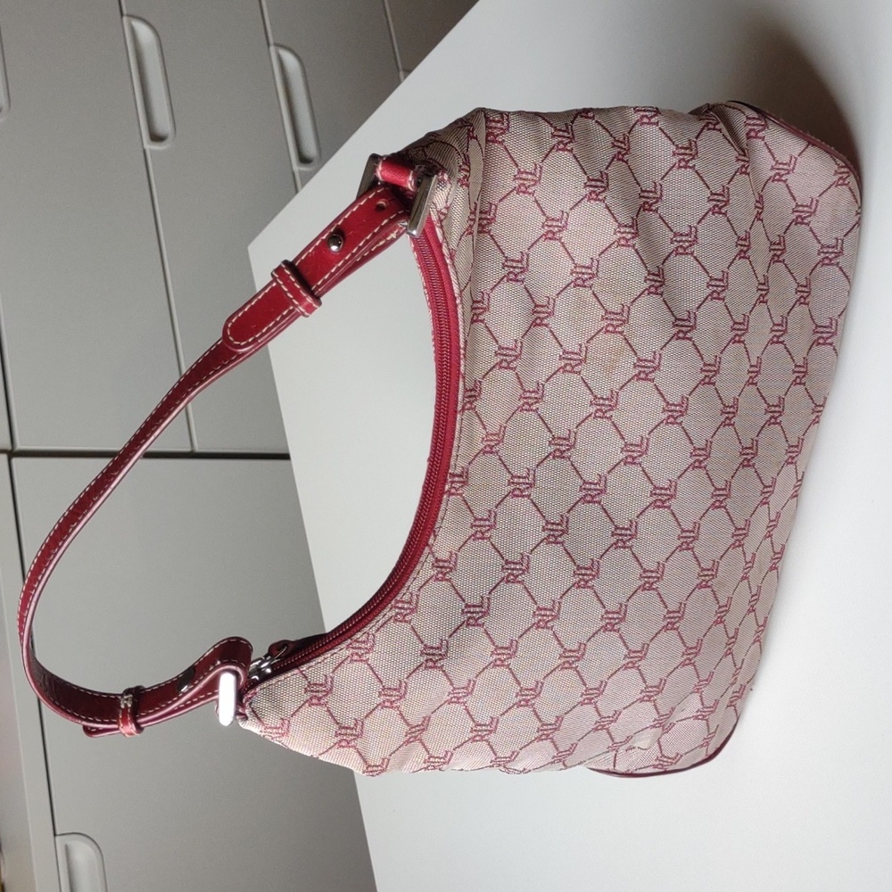 Lauren Ralph Lauren RLL Red and Tan Monogram Mini Hobo Handbag